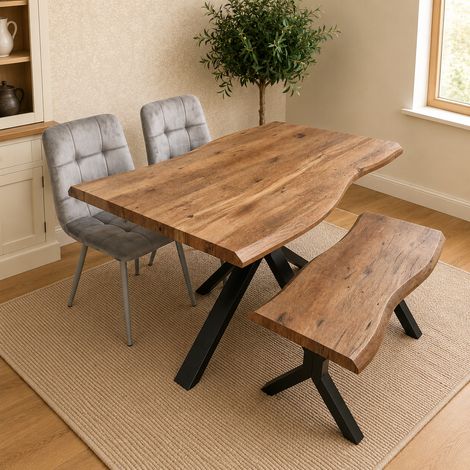 Kosy Koala 4 Seater Rustic Brown Wooden Effect Dining Table with Grey Velvet Chairs & Bench (1/5)