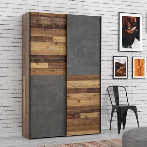Les Tendances – Armoire coulissante 2 portes 120x42x190,5 cm – Panneaux de particules – Finition vieux bois vintage et béton gris foncé – 6 tablettes — vue 2
