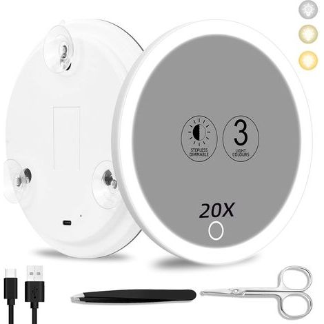 1 Vergrößerungsspiegel, 20-fache Vergrößerung, 15 cm Durchmesser, 3-farbiges LED-Licht, USB-aufladbar, mit 3 Saugnäpfen, für Make-up und Reisen (1/5)