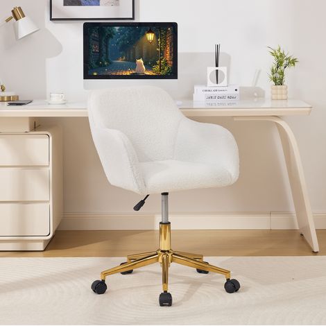 Sedia da ufficio girevole in tessuto Teddy bianco, altezza regolabile, base dorata, 58 cm (1/5)