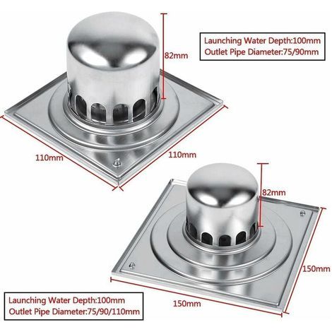 Drain de Plancher Carré Acier Inoxydable Anti-Odeur Salle de Bains Porte de Vidage Drainer de Douche Grand Calibre(150mm) (1/4)