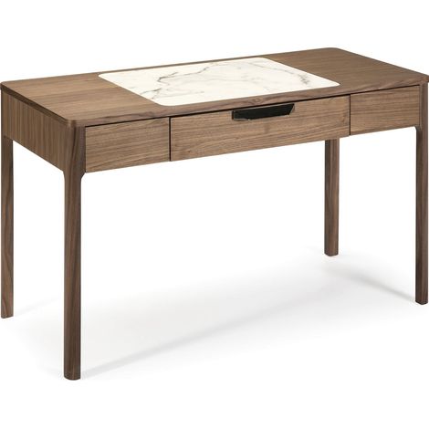 Console bois plateau en verre effet marbre 1 tiroir fermeture push+soft - Noyer, blanc, gris