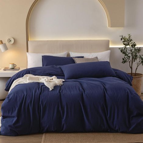 Bettwäsche-Set 200x220cm Baumwolle Marineblau 3-teilig mit Reißverschluss