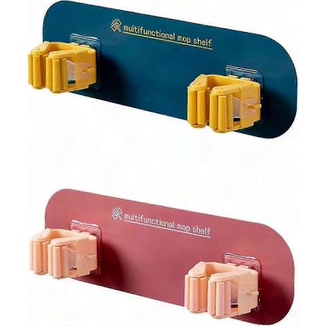 Crochets muraux adhésifs pour balai et serpillière - Support en plastique à coller, lot de 2 (bleu et jaune), fixation murale sans perçage, organiseur de rangement pour nettoyage (1/5)