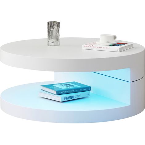 ELVMI Mesa de Centro Redonda con Tablero Giratorio 360 Grados, LED, 2 Niveles, MDF, Blanca, Ø 70 x 35,5 cm (1/5)