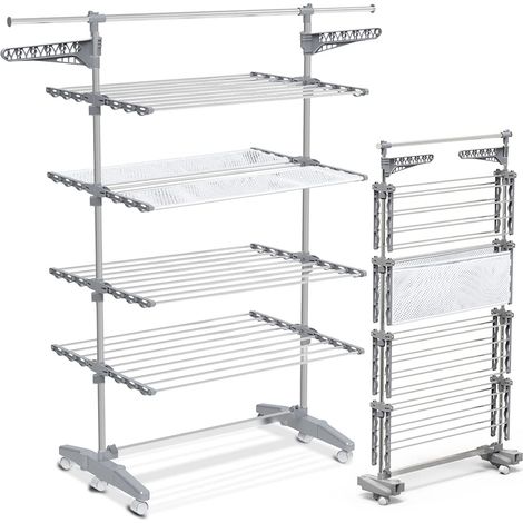 Séchoir à Linge Pliable 4 Niveaux avec roulettes et Maille Grande Capacité Etendoir en Acier Inoxydable Robuste Ailes Pliables 28m de Séchage pour Usage Intérieur/Extérieur (1/5)