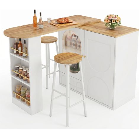 Ensemble bar cuisine îlot blanc aspect bois, 2 tabourets hauts avec rangement, portes vitrées, étagères modulables, charge 150 kg par siège, meuble multifonction. (1/5)