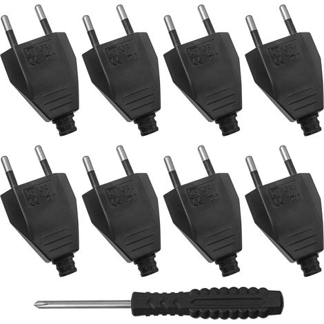 8 Pièces Euro Fiche Plat 250V 2,5A,2 Broches Remplacement pour Fiche Européenne Plates avec 1 Pièce Tournevis pour la maison,lampe,éclairage,prises de courant,Noir (1/5)