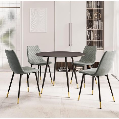 Hallowood Furniture Finley Small Round Dining Table and Chairs Set 4, Black Woodgrain-Effect Top Kitchen Table and Chairs with Grey Velvet Upholstery, Modern Dining Set for Home, Office or Café (1/5)