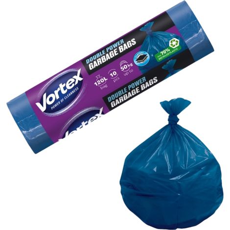 Sacchi per rifiuti Vortex Double Power, resistenti, blu, a doppio strato, 120 litri, confezione da 10 pezzi (1/2)