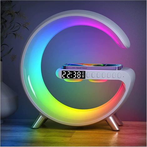 Réveil Lumineux avec Chargeur Sans Fil, Lampe de Chevet Intelligente, Lampe de Table d'Ambiance à Variateur, Veilleuse avec Haut-Parleur Bluetooth, Fonction Radio, Éclairage Blanc, 2 en 1 (1/5)