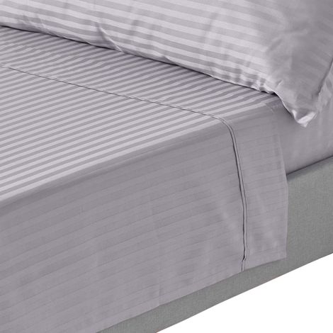 HOMESCAPES Grey Egyptian Cotton Satin Stripe Flat Sheet 330 Thread Count, King - Grey