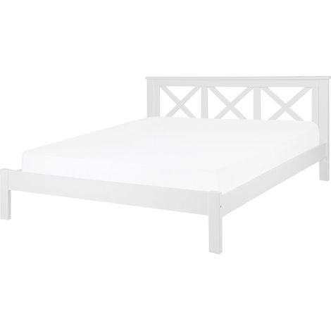 Cama doble de madera blanca 160 x 200 cm con cabecero decorativo diseño rústico Tannay (1/5)