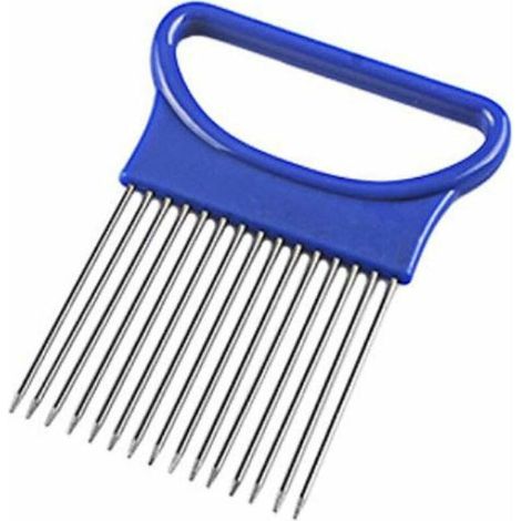 DEESSE SHOP - 2 pièces épluche-oignons, couteau à trancher les oignons en acier inoxydable coupe-pommes de terre à aiguille à viande, trancheuse à oignons porte-oignons (bleu) (1/5)