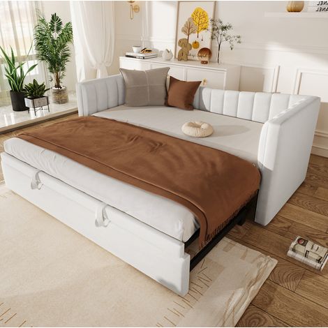 Bett Polsterbett mit Ziehbett 90x200 Samt Weiss OKMYHOME (1/5)
