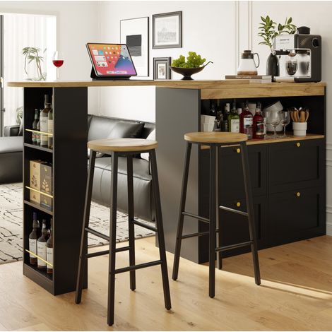 Mesa de bar con almacenaje, 2 taburetes, 204 x 39 x 105 cm, negro OKMYHOME (1/5)
