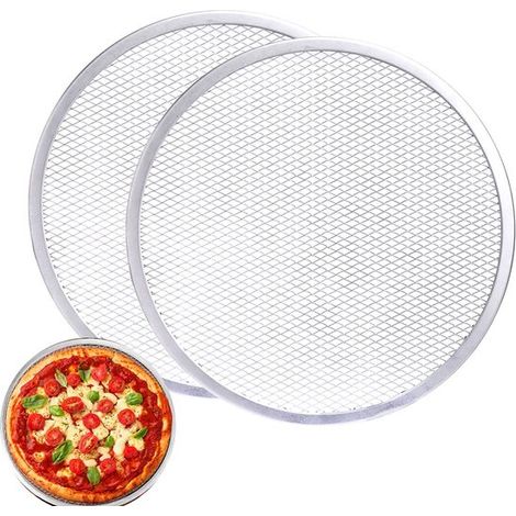 Lot de 2 plaques à pizza perforées en aluminium - Gril pour pizza, moule rond 25 cm argenté, cuisson de pizzas fraîches ou surgelées, pain ou tarte au four ou en extérieur (1/5)