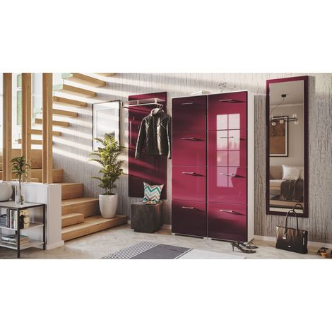 Garderobe Set 112 Dobele 3 tlg Schuhschrank 8 Klappen 32 Paar Weiss-Brombeer (1/5)