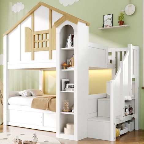Lit superposé avec lit inférieur hydraulique, lit mezzanine en bois massif, lit enfant, 90 x 200 + 90 x 200 cm, lit en bois, lit cabane, avec éclairage LED et escalier de rangement, rangement en forme (1/4)