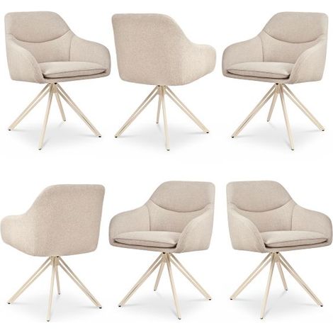 Bon Furni Tela Silla de comedor Beige con patas blancas, Set de 6, giratoria 360°, acolchada gruesa, ergonómica con reposabrazos