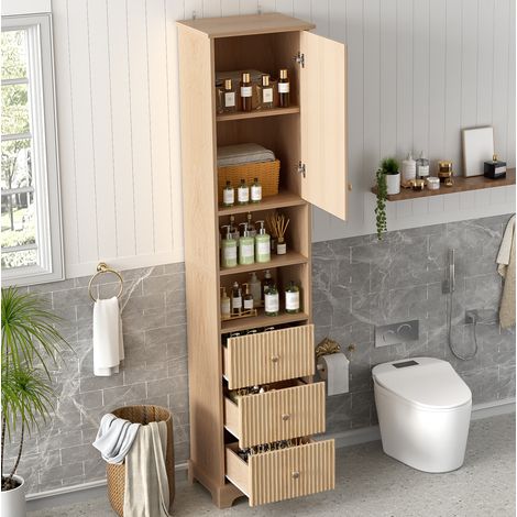 Columna de baño 40x30x172 cm de MDF con 3 cajones, 1 puerta, 2 nichos y estante ajustable, acabado madera natural (1/5)