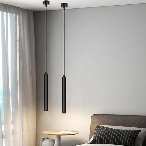 Lustre Cylindrique Noir, 2 Pieces Lustre LED, Blanc Chaud, 3000K, pour Salon, Table de Salle à Manger, Comptoir de Hôtel, 30 cm, Longueur Réglable, Moderne (1/5)