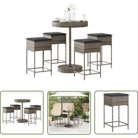 The Living Store 5-tlg. Gartenbar-Set mit Kissen Grau Poly Rattan - Gartensets - Gartenmöbel - Outdoor-Möbel - Esstisch - Barhocker (1/5)