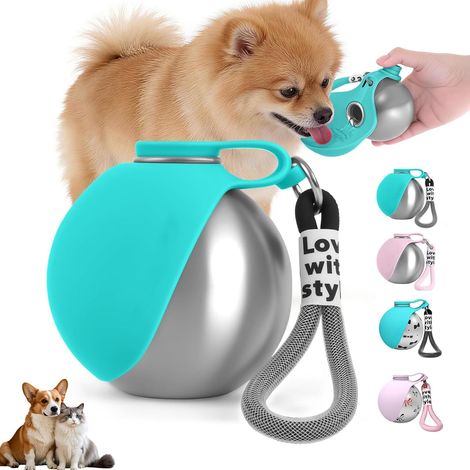 Ortviai Gourde Chien pour En Déplacement 285ml - Bouteille d'Eau pour Chien en Acier Inoxydable 304 avec Écuelle en Silicone Pliable et Mousqueton - Hundetrinkflasche für Unterwegs - Bleu Tiffany (1/5)
