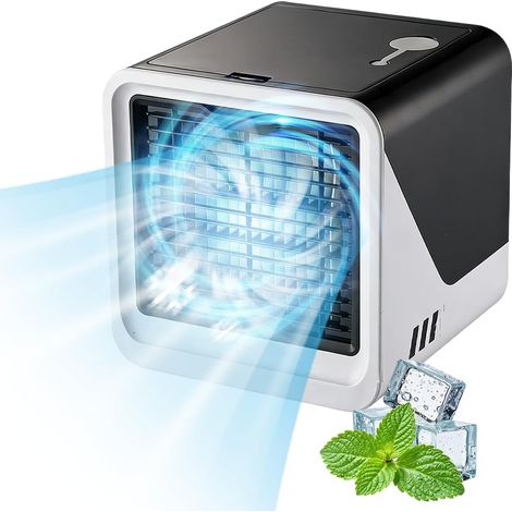 Climatiseur Mobile, Mini Climatiseur Portable, Refroidisseur d'air 4 en 1 avec Réservoir d'eau de 500 ml, 3 Vitesses Réglables, Lumières 7 Couleurs, Alimentation USB pour Chambre, Bureau (1/5)