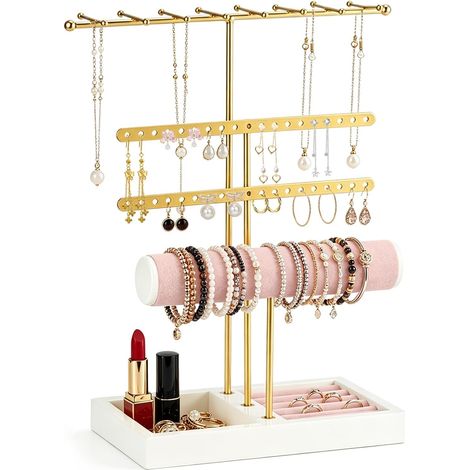 Porte-Bijoux Doré avec Plateau en Velours, Présentoir à Bijoux en Forme De T, Organisateur De Rangement Anti-emmêlement Pour Colliers, Bagues Et Boucles D'oreilles (1/5)