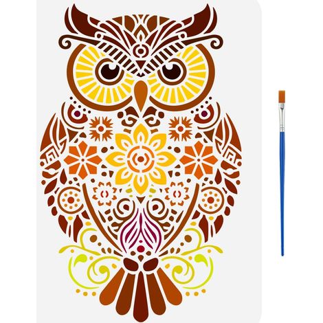 Pochoir de Peinture Hibou Mandala Avec Pinceau 21X29.7cm Motif Fleurs Modèle Rectangle Animal Hibou Modèle Thème Animal Pochoir Motif Mandala pour Peinture sur Tissu Mur Sol Meubles (1/5)