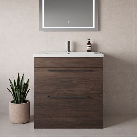 Napoli 460 Brown Oak 800mm 2 Drawer Vanity Unit with Glide Basin - 800mm - Gunmetal Grey 480mm Handle
