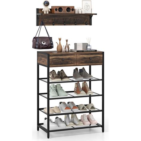 COSTWAY Wandgarderobe mit Schuhregal, Wandregal mit Ablage & 5 Haken, Schuhständer mit 4 Gitterablagen & 2 Schubladen & 2 Seithaken, Flurgarderobe zum Ankleiden, vintagebraun (1/4)
