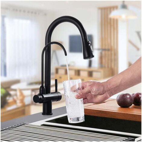 Robinet de cuisine avec douchette extractible, robinet de cuisine en acier inoxydable noir, rotatif à 360 ° pour eau potable chaude et froide (1/5)