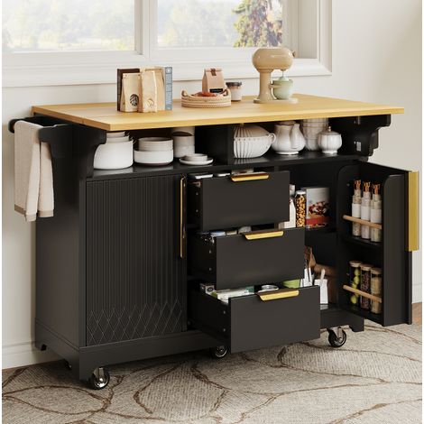 Îlot de cuisine multifonctionnel sur roulettes, plateau relevable, 3 tiroirs, MDF noir (1/5)