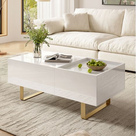 Mesa de centro elevable (100x50x54.5 cm), con compartimento oculto y cajón, MDF de alto brillo blanco (1/5)
