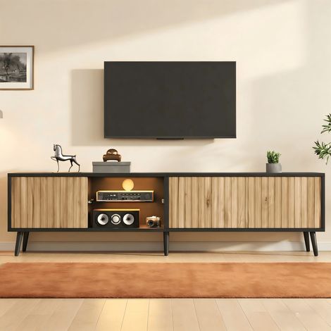 Meuble TV 175 x 31 x 43,5 cm avec LED,  lowboard avec 6 pieds, portes en verre trempé – 3 compartiments, grand rangement, pour téléviseur jusqu'à 75 pouces (1/5)