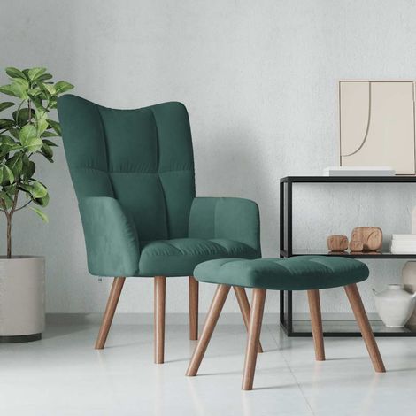 Vidaxl – Fauteuil relax avec repose-pied en velours vert foncé – Mousse épaisse capitonnée – Cadre en acier et pieds en bois – Confort optimal