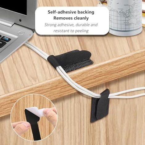 Lot de 50 attaches auto-adhésives résistantes pour ranger les câbles sous le bureau. Système de fixation sans perçage. Réutilisables. Couleur : noir. (1/3)