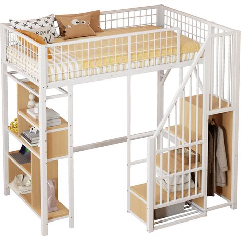 Cama Alta Individual con Escalera de Almacenaje y Estantes, 90×200 cm, sin Colchón, Blanca (1/5)