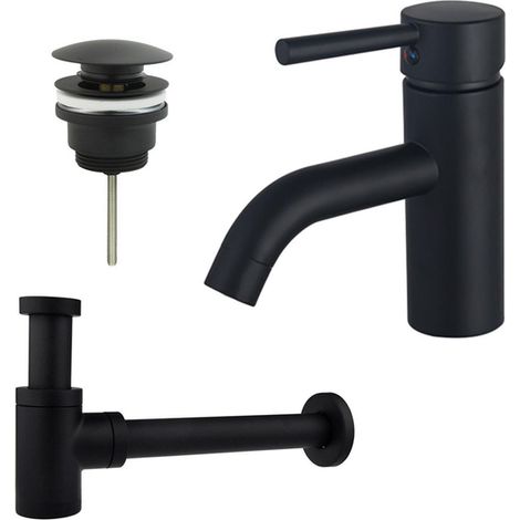 FugaFlow Eccelente Sobrado Kit mitigeur lavabo - robinet bas - bonde clic clac - siphon design bas - Noir mat (1/4)