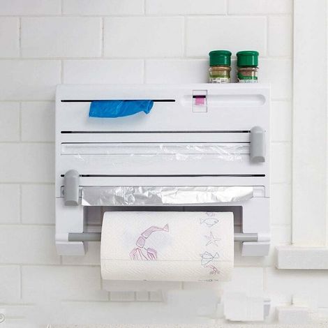 VURAHOME -Dérouleur Mural Distributeur De Papier Essuie-tout Coupe Papier Pour Des Arêtes De Coupe Lisses Porte Rouleau Mural Papier Rouleau Sac à Ordures Ruban Étagère De Cuisine Grille 6 En 1 (blanc (1/5)
