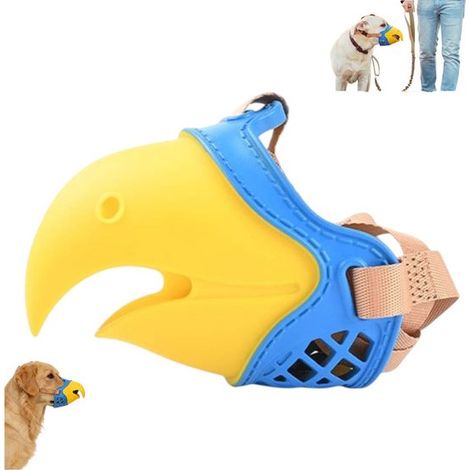 Museruola per cani, taglia media, anti-morso e anti-leccamento, museruola a forma di pappagallo in TPR, dispositivo anti-abbaio, blu e giallo, sicura (1/5)