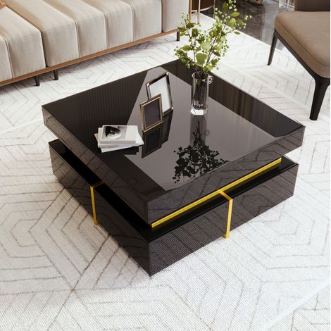 Couchtisch 70 x 70 x 35,5 cm mit 2 Schubladen, schwarz hochglänzend und goldfarben HAVRYA (1/5)