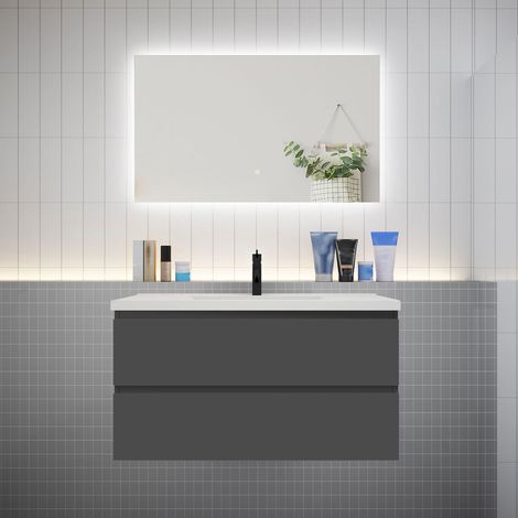 Biubiubath – Meuble de salle de bain suspendu 100cm avec lavabo et miroir LED antibuée – 2 tiroirs – MDF anthracite – Montage facile inclus (1/5)