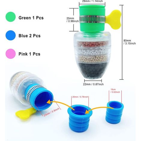 Mehrschichtiger Feinfilter-Wasserhahnfilter – 4 Aktivkohle-Wasserfilter für Haushalt und Küche (2 blaue, 1 grüne, 1 rosa) (1/4)