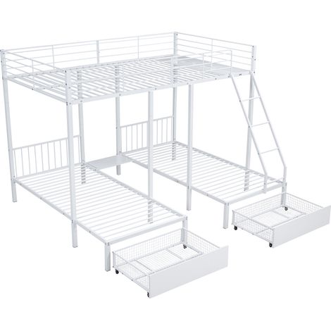 Lit superposé triple 140x200 + 2x90x200, séparable en 3 lits, 2 tiroirs sous les lits, structure métallique robuste, garde-corps, 120/160 kg, design modulable (1/5)