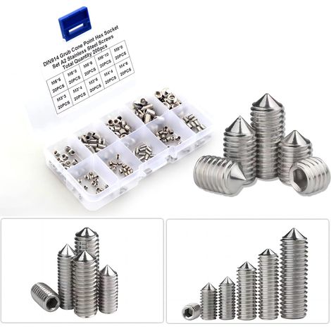 Lot de 200 Vis Sans Tête en Acier Inox, tête hexagonale vis M2 M3 M4 M5 M6 M8 métrique à tête hexagonale Allen 304 en acier inoxydable pour poignées de porte, robinet (1/5)