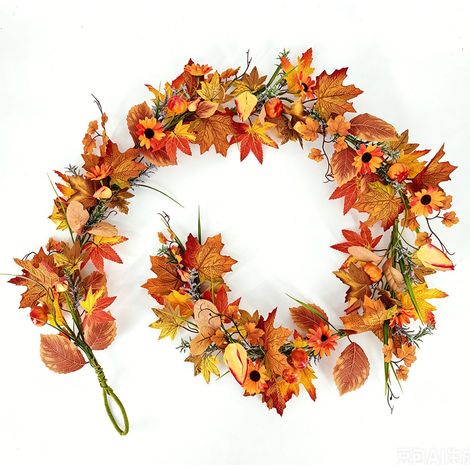 Guirlande artificielle de feuilles d'automne (180 cm) avec feuilles d'érable, citrouilles et tournesols, idéale pour décorer un mur ou une cheminée (style champêtre). 1,8 m (1/5)