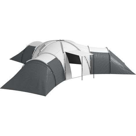 Tente de camping pour 6 à 9 personnes, 4 chambres, 615 x 615 x 225 cm, gris, auvent, imperméable